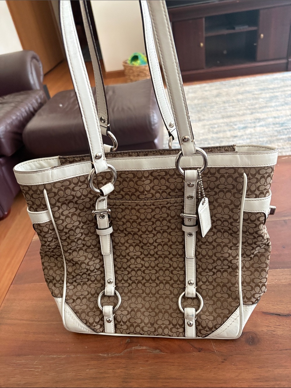 Coach Brown Monogram Tote with Cream Trim
